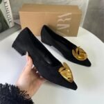 Black Suede Ballet Flats With Metallic Flower Embellishments