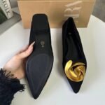 Black Suede Ballet Flats With Metallic Flower Embellishments - Image 4