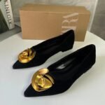 Black Suede Ballet Flats With Metallic Flower Embellishments - Image 3