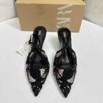 Black Beaded Open-Toe High Heels For Women