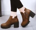 British retro thick heel belt short boots - Image 4