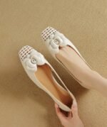 Retro Square-Toe Hollowed-Out Floral Slip-On Shoes - Image 6