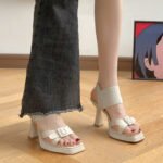 Suede Square Toe Thick-Soled Stiletto Sandals for Women - Image 6