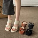 Suede Square Toe Thick-Soled Stiletto Sandals for Women - Image 4
