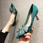 Pointed Toe Bow Black Versatile Fairy Style French Pumps - Image 3