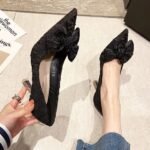 Pointed Toe Bow Black Versatile Fairy Style French Pumps - Image 5