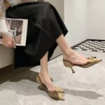 New Bow Pointed Toe Shallow Mouth Color Matching Stiletto Heels - Image 9